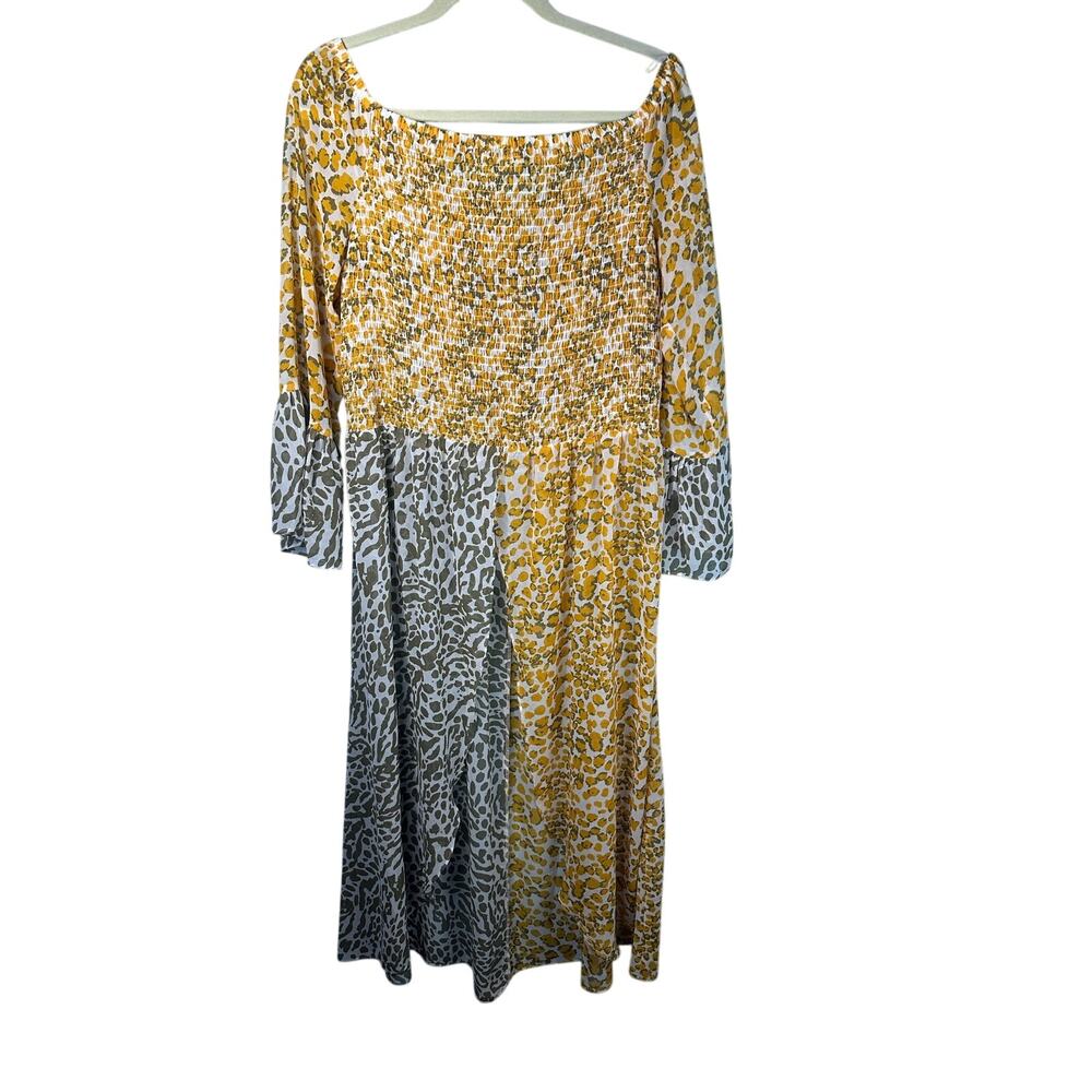 Cato Yellow Black Animal Print Sheer Smocked Duster Cardigan Dress Plus XL